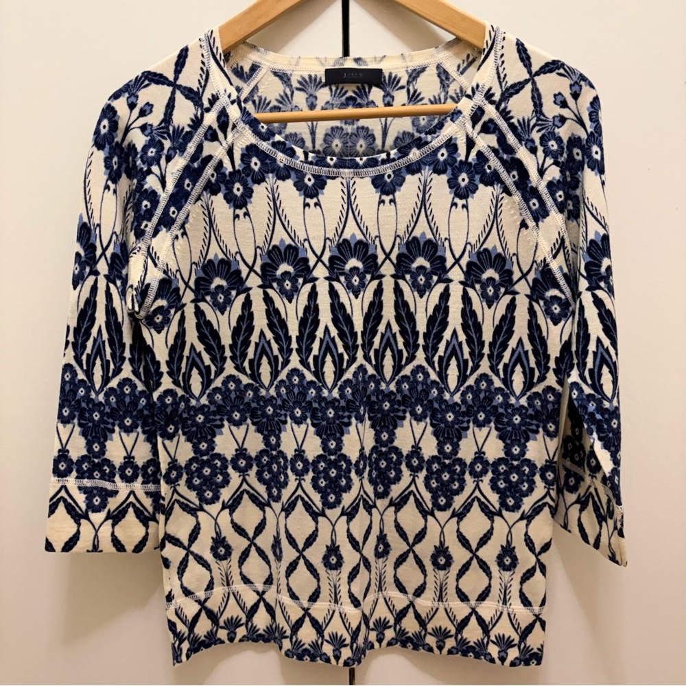 JCrew Wool Blend Blue and Cream 3/4 Sleeve Women's Sweater Knit Top